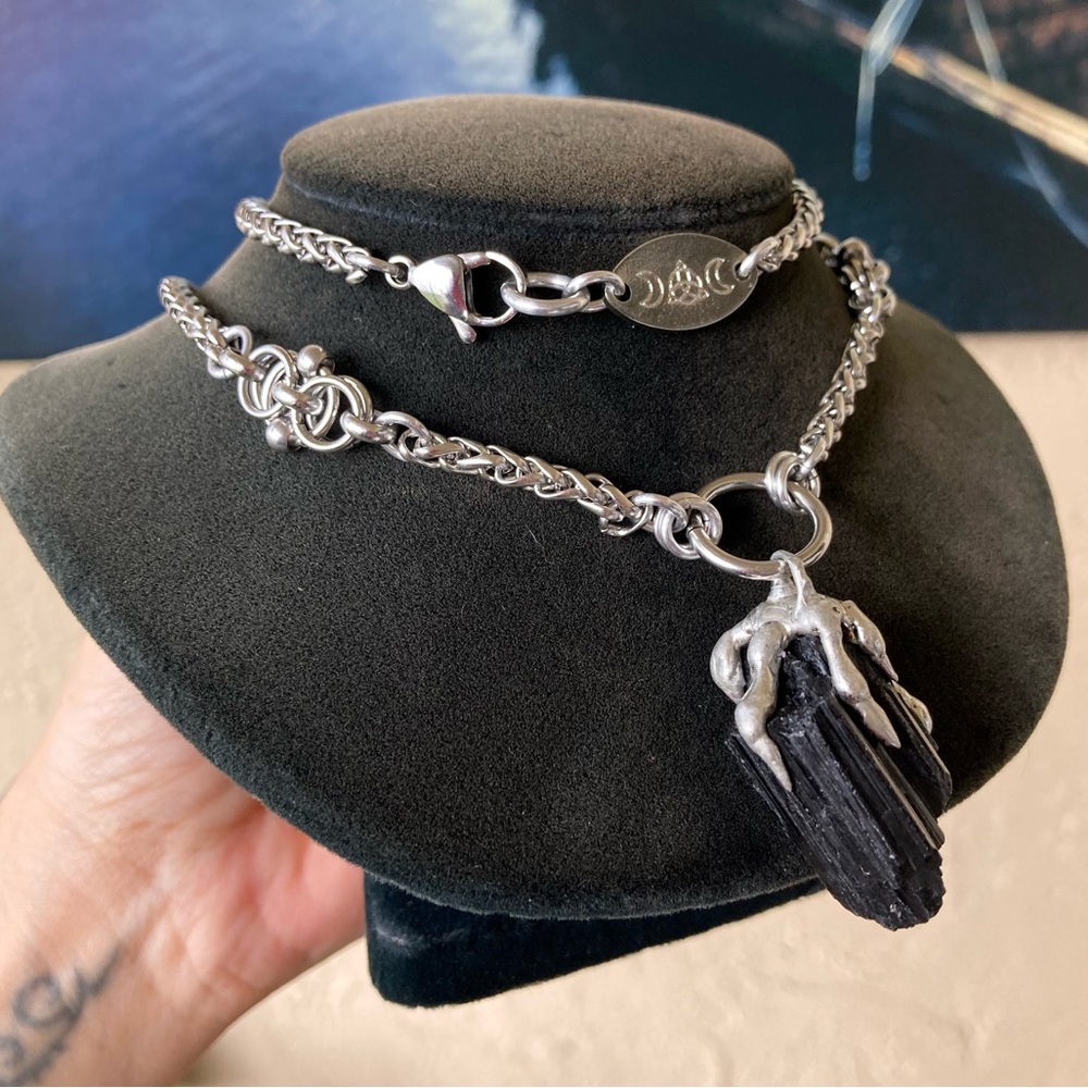 Black raw natural tourmaline gemstone electroplated charm steel boho necklace
